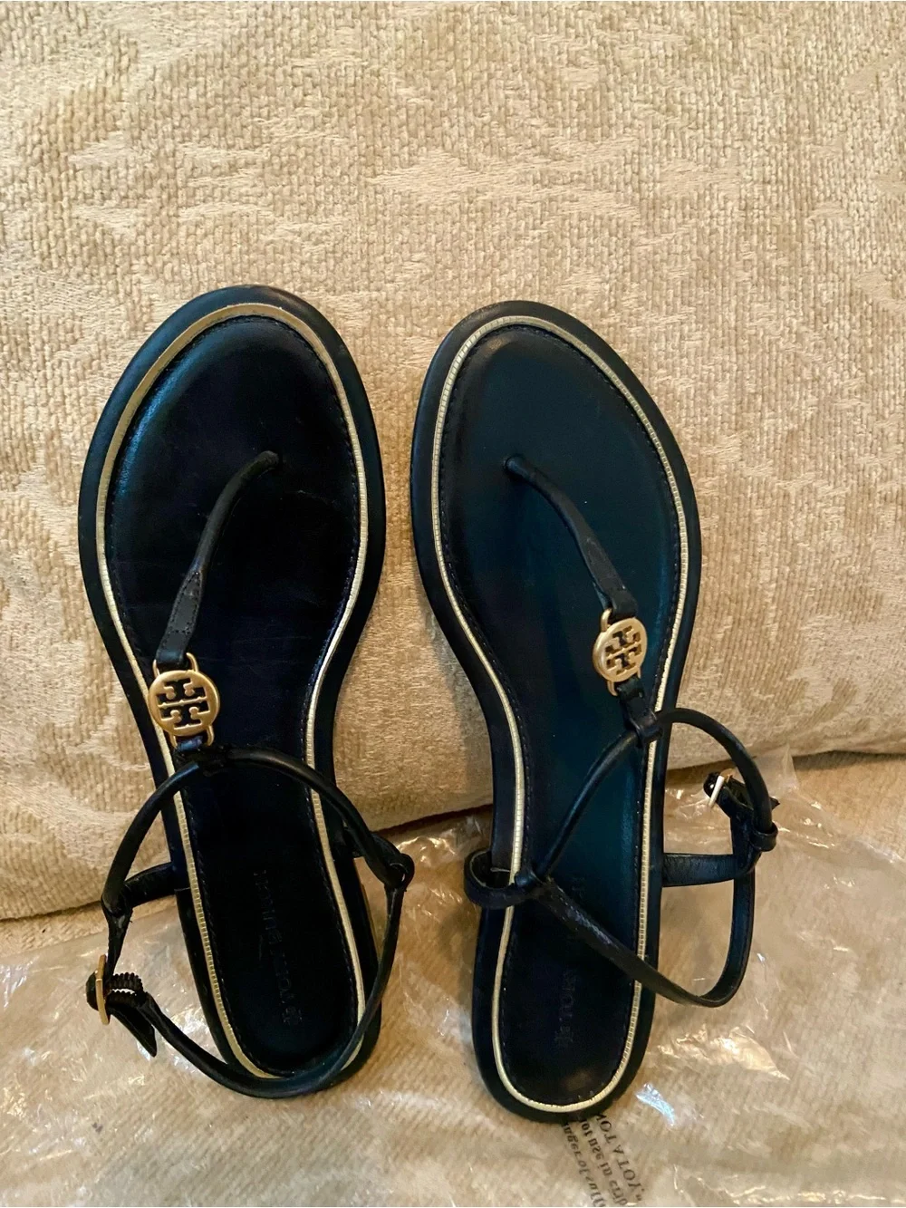 Tory Burch Black Leather T-Strap Sandals with Gold Accent
